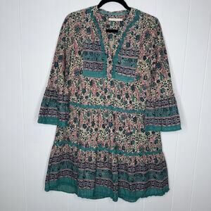 Lola Australia Women’s Floral Mini Dress Tiered Boho Teal Pink Size XS